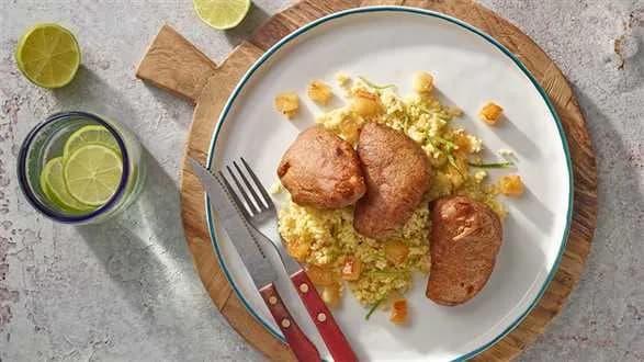 Schab w cieście piwnym z kaszą jaglaną z karmelizowanymi jabłkami