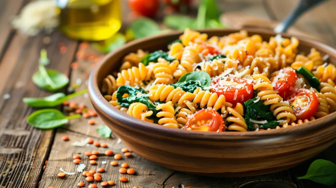 Makaron z soczewicą, pomidorami, szpinakiem i parmezanem