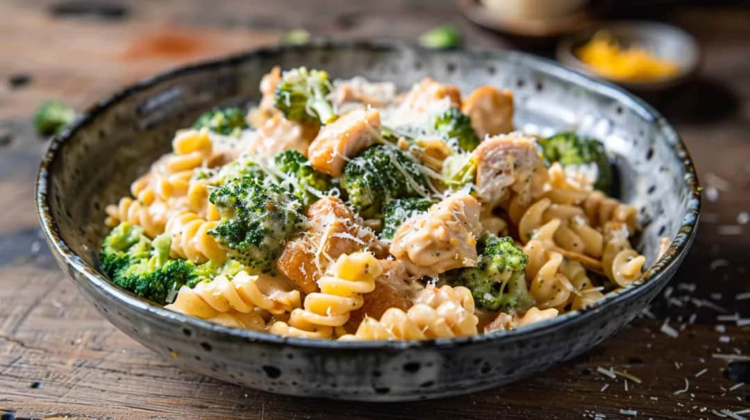 Kurczak w sosie brokułowo-serowym z makaronem i tartym parmezanem