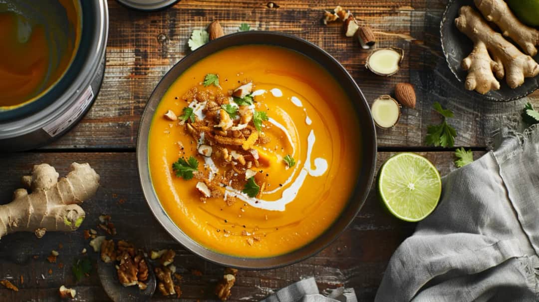 Krem z marchewki, imbiru, mleka kokosowego i prażonych orzechów