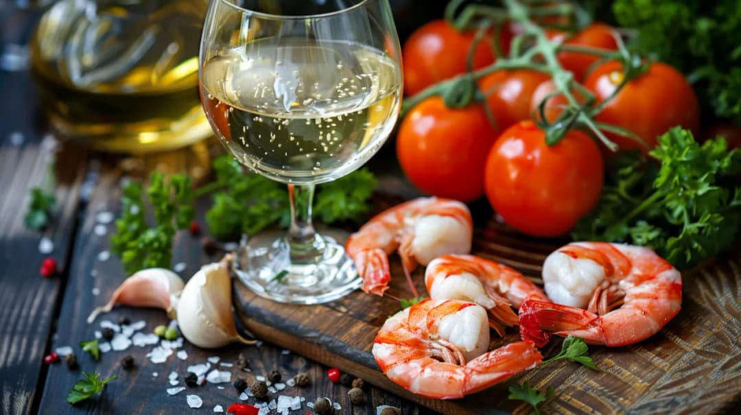 Krewetki z pomidorami, czosnkiem, natką pietruszki i białym winem