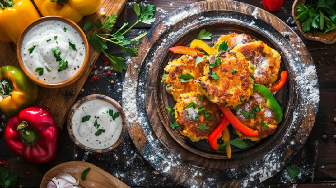 Placki z kurczakiem, warzywami i sosem czosnkowym