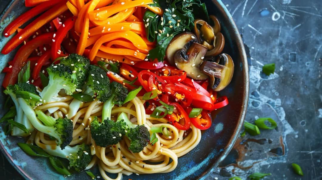 Makaron udon z warzywami, grzybami mun, sosem sojowym i chili