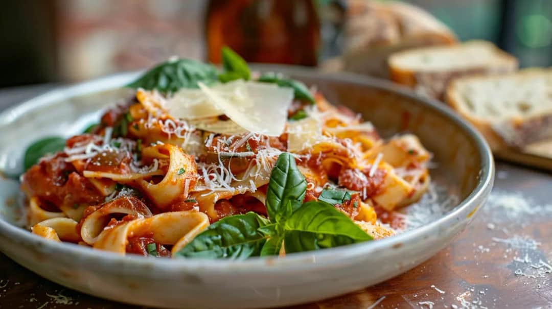 Makaron z sosem pomidorowym, parmezanem, bazylią i oliwą z oliwek