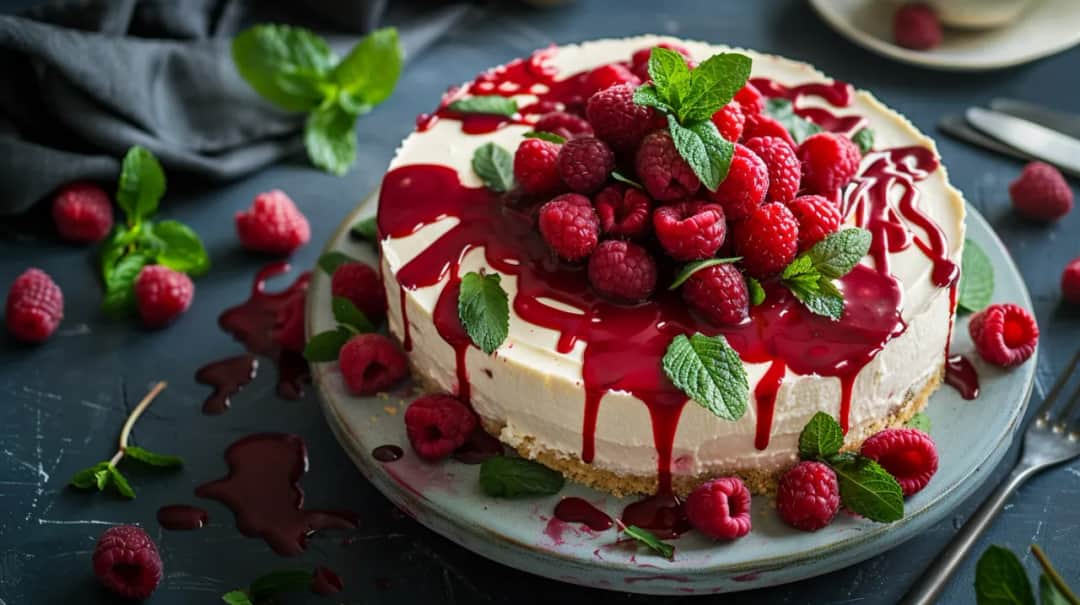 Sernik z ricotty na zimno z sosem malinowym i listkami mięty