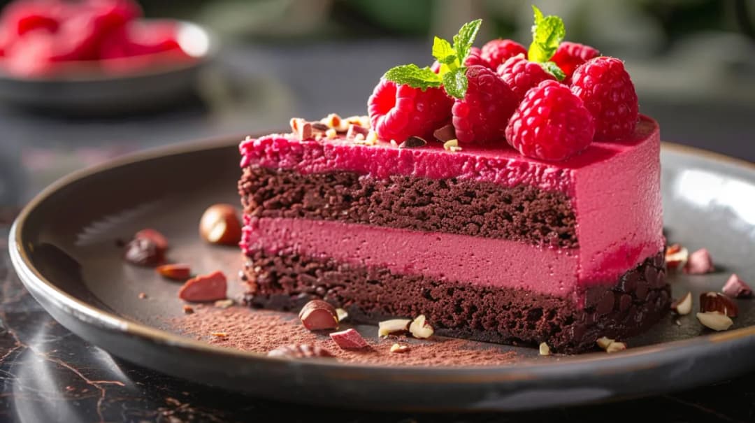 Tort czekoladowy z musem malinowym i orzechami laskowymi