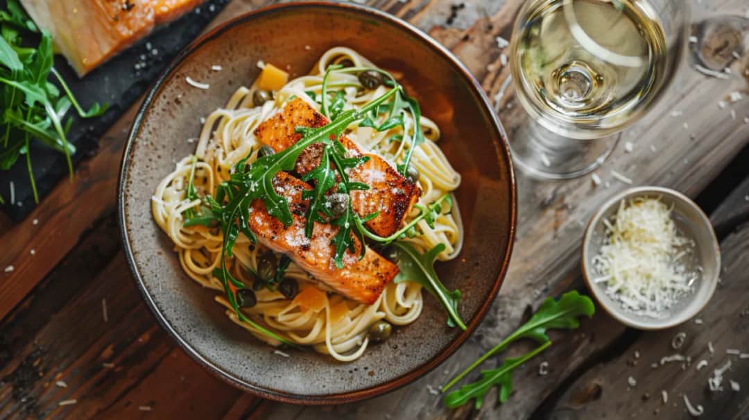 Makaron z rukolą, łososiem, serem mascarpone i kaparami