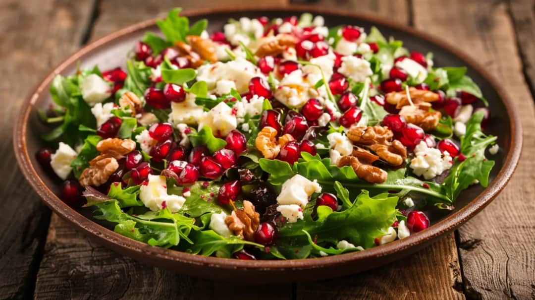Sałatka z kozim serem, granatem, orzechami i dressingiem miodowym