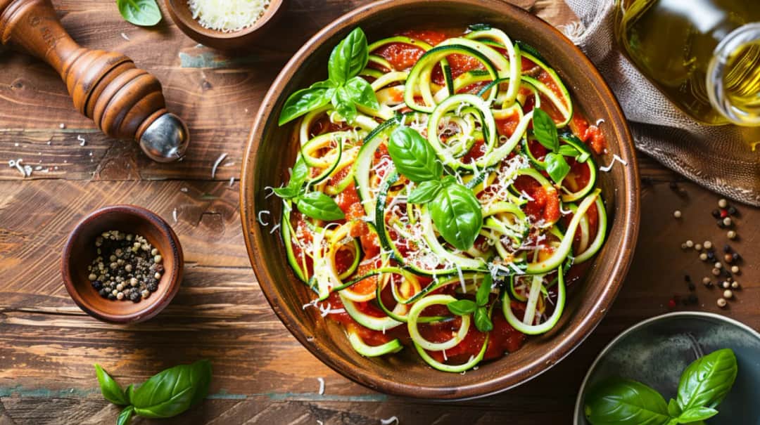 Makaron z cukinii z sosem pomidorowym, bazylią i parmezanem