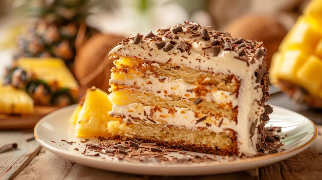 Ciasto z ananasem, kokosem, bitą śmietaną i czekoladą