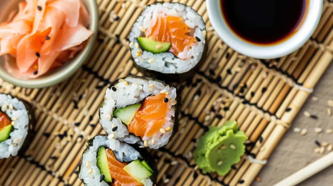 Domowe sushi z łososiem, awokado, ogórkiem i wasabi