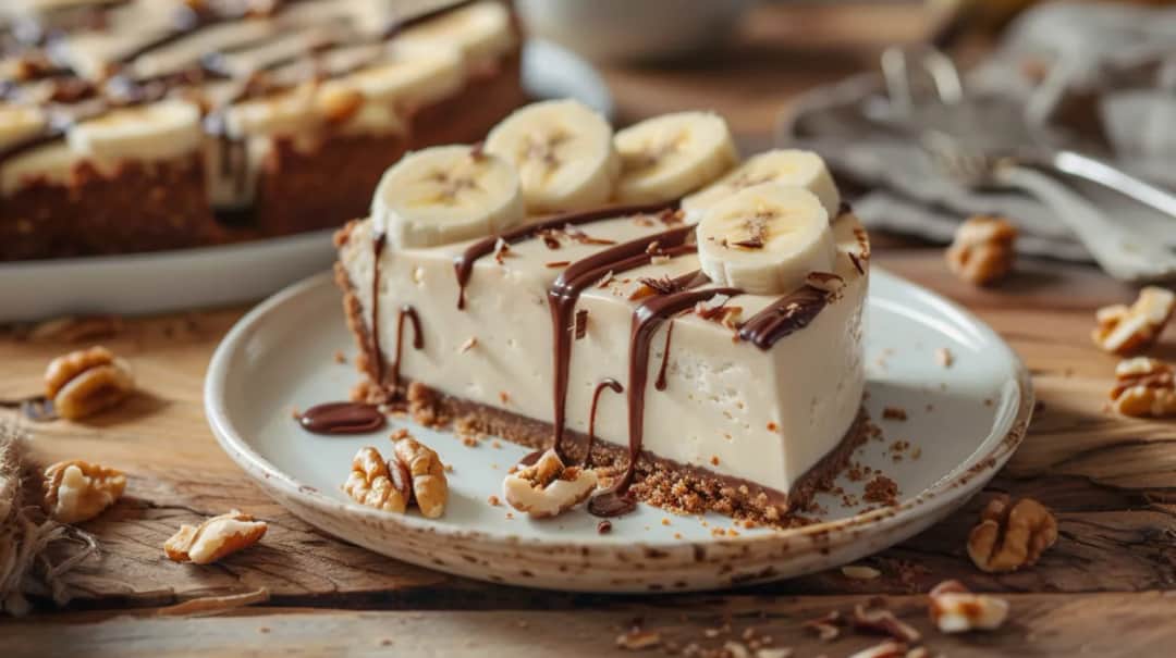 Sernik bananowy na zimno z polewą czekoladową i orzechami