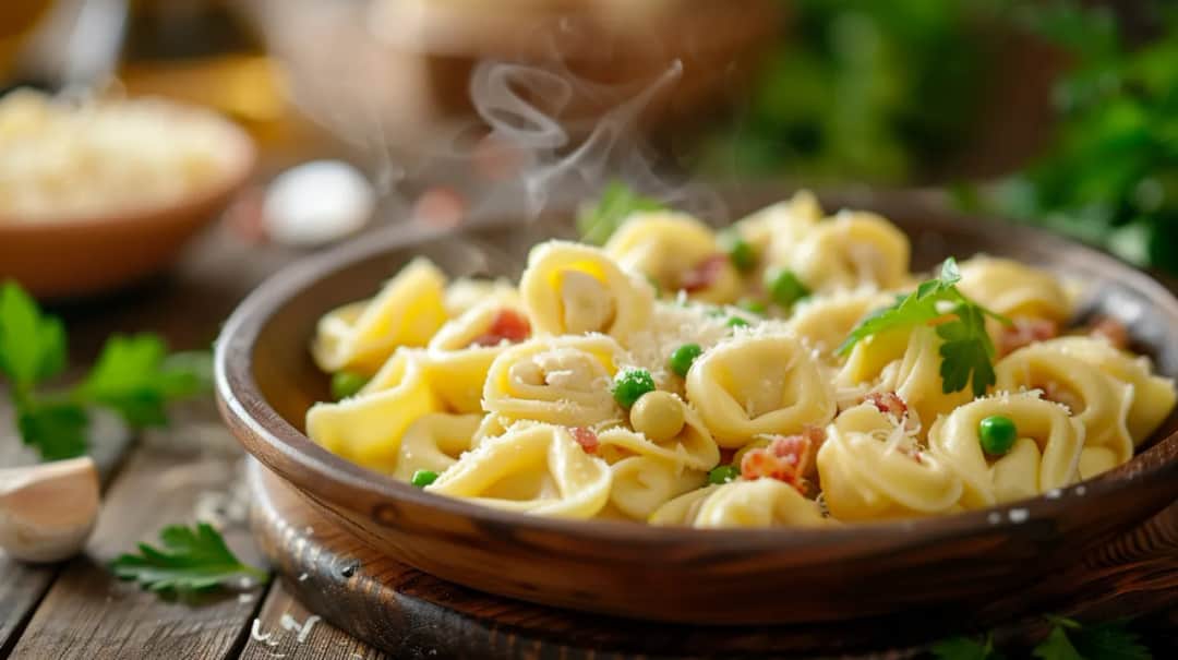 Tortellini w sosie śmietanowym z boczkiem i zielonym groszkiem