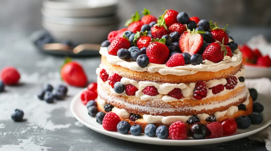 Tort biszkoptowo-bezowy z owocami i lekkim kremem