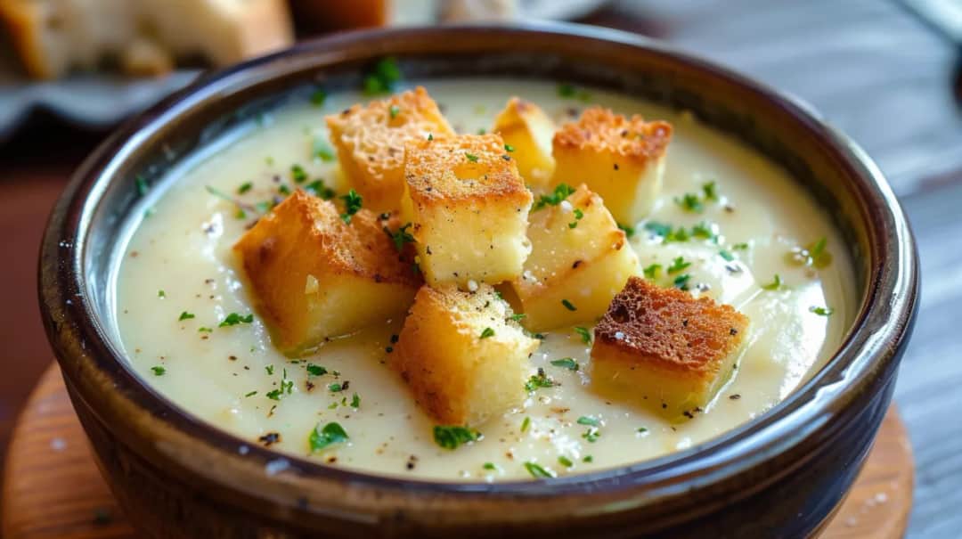 Krem z ziemniaka, pora, śmietany z grzankami czosnkowymi