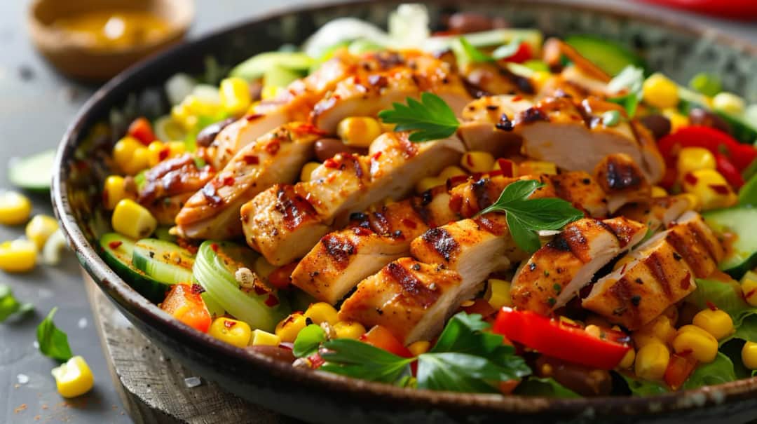 Sałatka z kurczakiem, porem, selerem naciowym i sosem miodowo-musztardowym