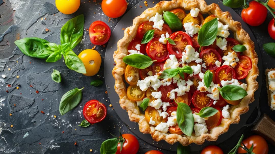 Tarta z warzywami, fetą, pomidorami i bazylią