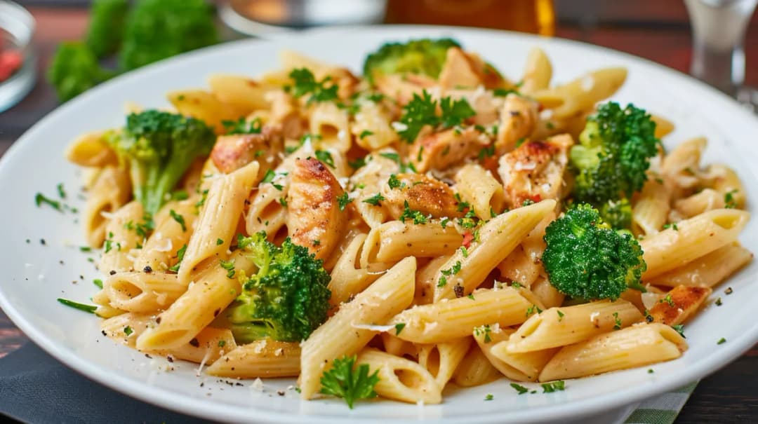 Makaron z brokułami, kurczakiem, sosem serowym i natką pietruszki