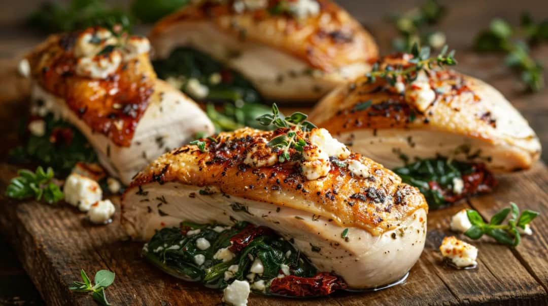 Filet z kurczaka nadziewany szpinakiem, serem feta i suszonymi pomidorami