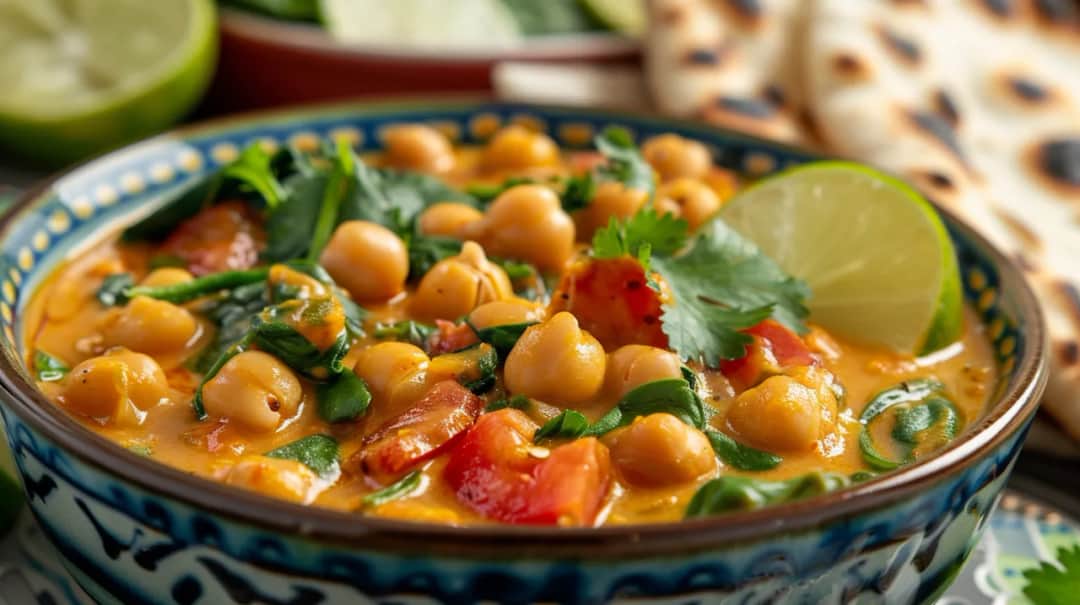 Curry z ciecierzycą, pomidorami, szpinakiem i mlekiem kokosowym