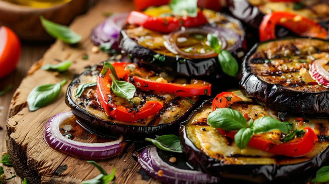 Bakłażan z papryką, czosnkiem, oliwą z oliwek i świeżą bazylią