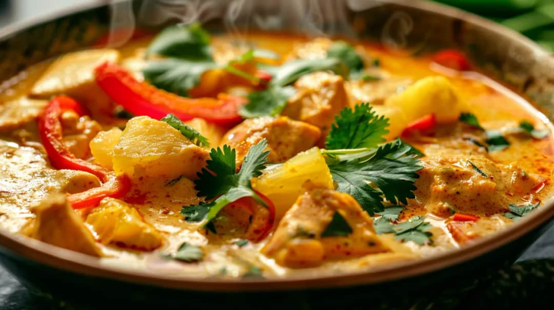 Kurczak w curry z ananasem, papryką, mlekiem kokosowym i kolendrą