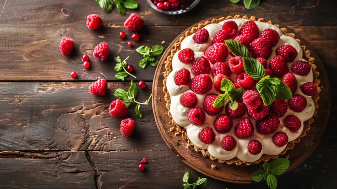 Tarta z białą czekoladą, malinami i bezą