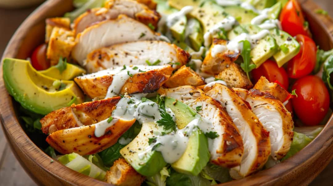 Sałatka z kurczakiem, awokado, pomidorami, sosem i grzankami