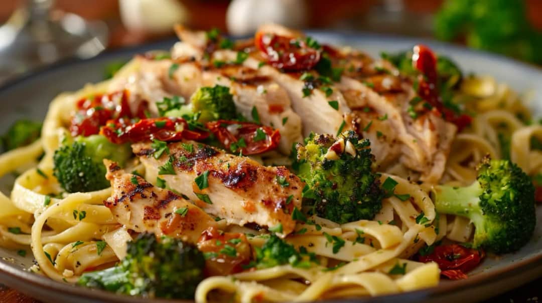 Tagliatelle z kurczakiem, szpinakiem i suszonymi pomidorami