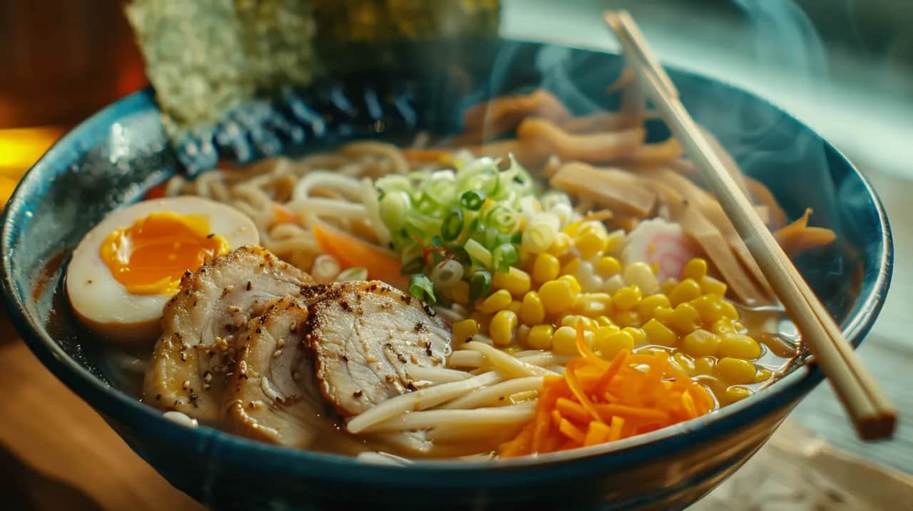 Ramen shoyu z makaronem, jajkiem, wieprzowiną i warzywami