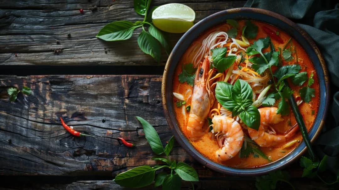Laksa - zupa z krewetkami, makaronem ryżowym, mlekiem kokosowym i trawą cytrynową