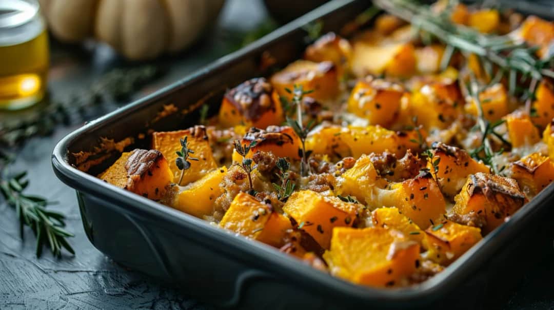 Zapiekanka z dynią, mięsem mielonym i serem żółtym