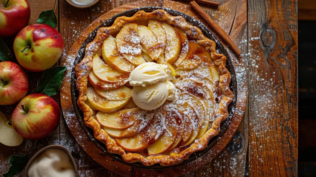 Tarta rustykalna z jabłkami, cynamonem i lodami waniliowymi