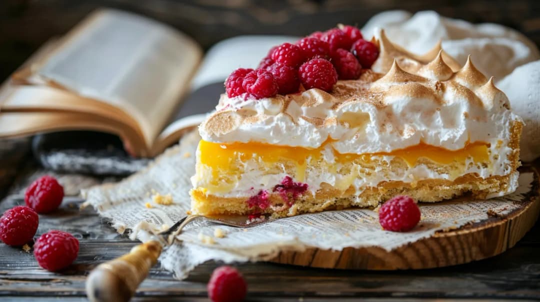 Ciasto z kremem budyniowym, świeżymi malinami i bezą