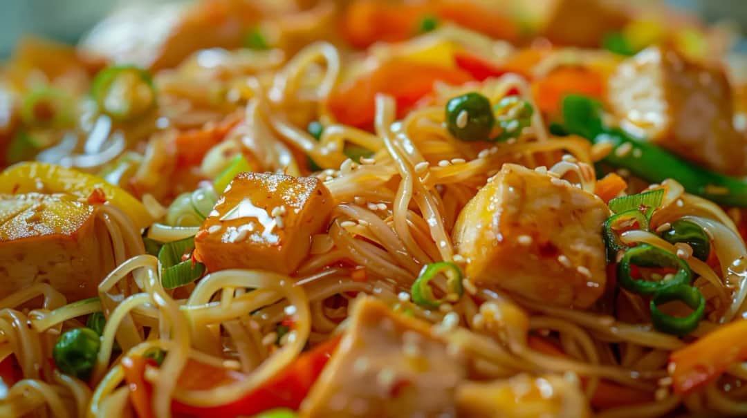 Makaron ryżowy z warzywami, tofu, sosem sojowym i olejem sezamowym