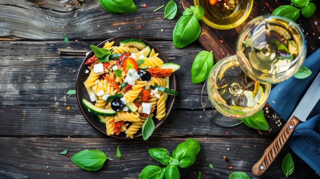 Makaron z cukinią, pomidorami suszonymi, fetą i oliwkami